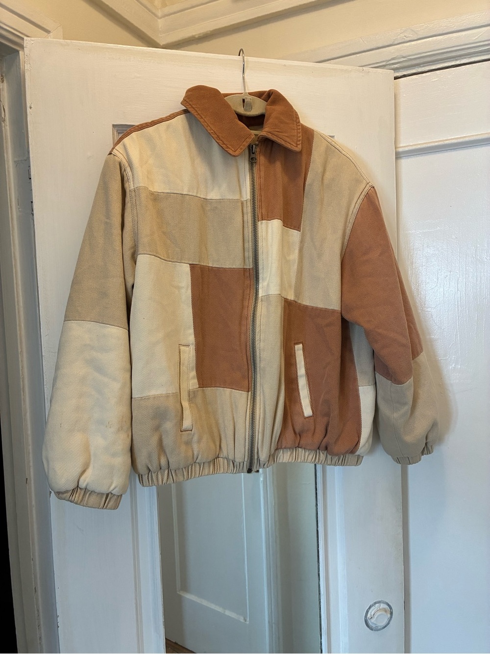 BDG Colorblock Corduroy Bomber Jacket in Tan, Cream and Brown